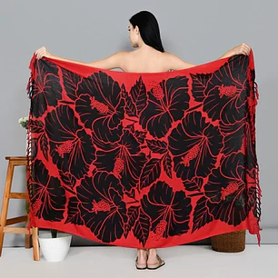 Pareo L 1,75x1,15mts Rojo con Hibisco Negro y hojas