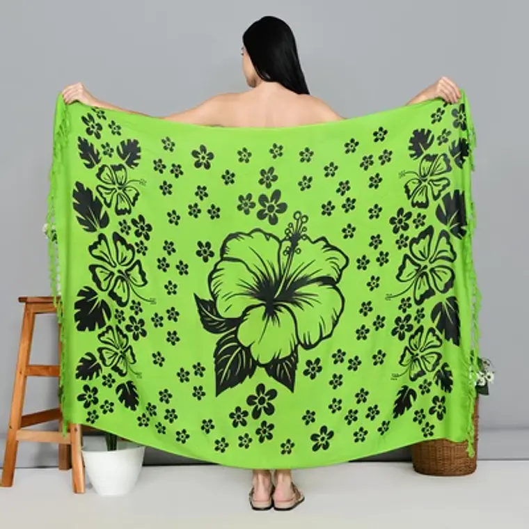 Pareo L 1,75x1,15mts Verde con Hibisco Negro y tipanies 1