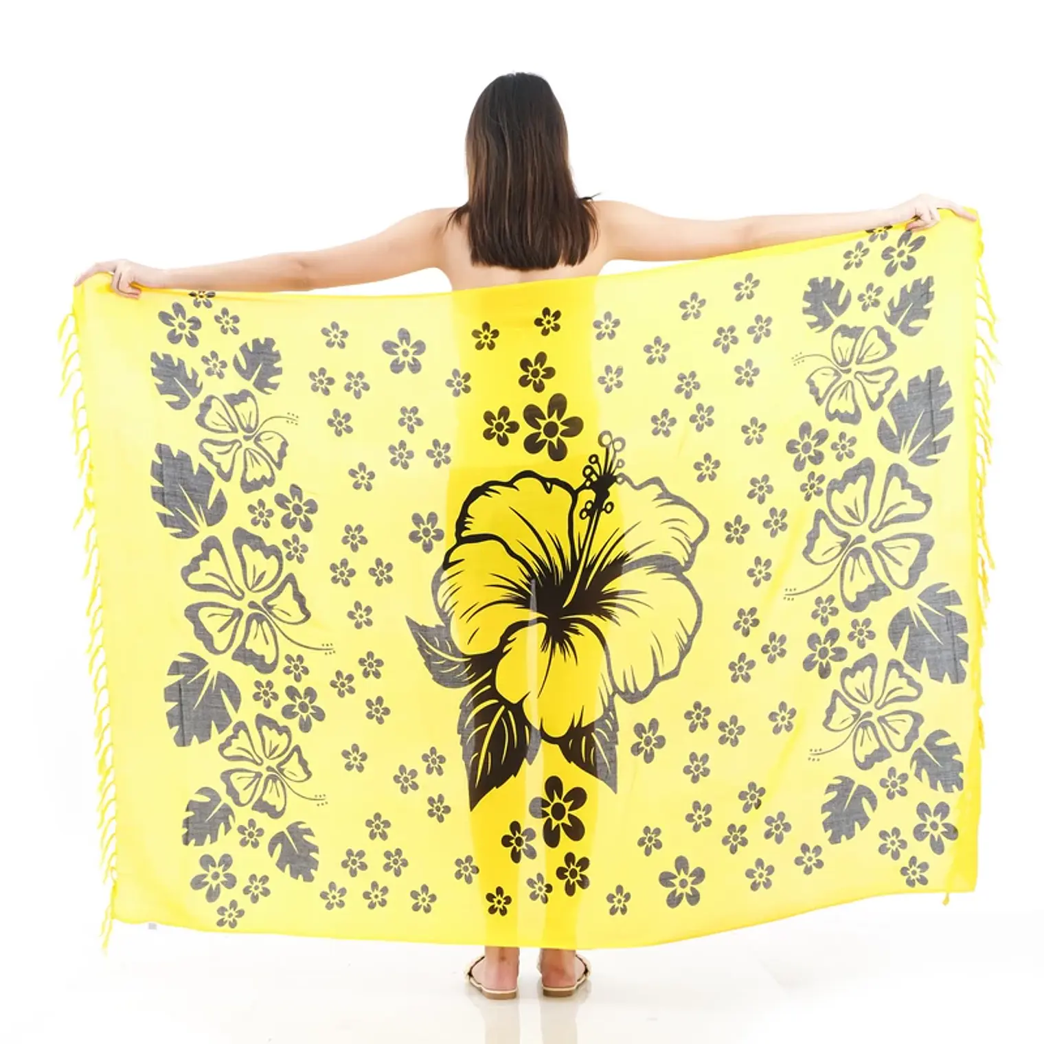 Pareo L 1,75x1,15mts Amarillo con Hibisco Negro y tipanies 1