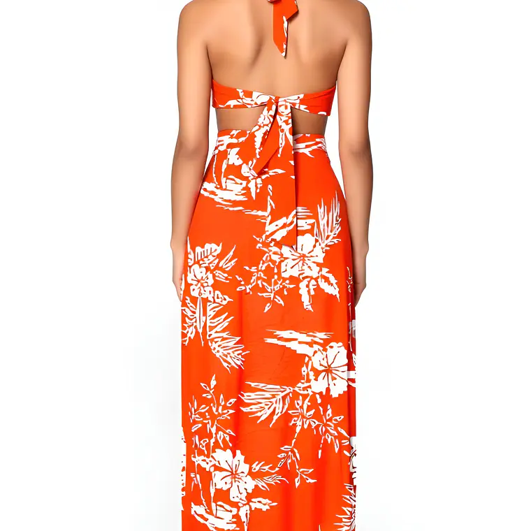 Vestido Marama naranjo con Hibisco blanco napohe 2