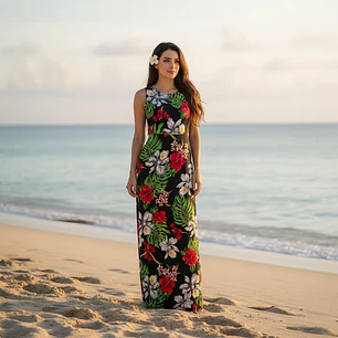 Vestido Marama Negro con Hibisco Rojo y Blanco napohe