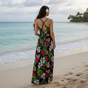 Vestido Marama Negro con Hibisco Rojo y Blanco napohe