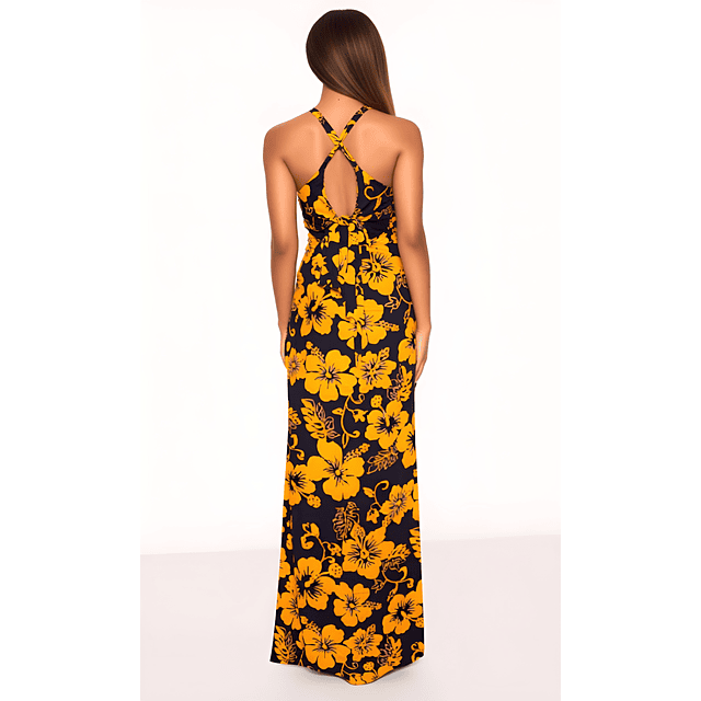 Vestido Marama azul con Hibisco amarillo napohe