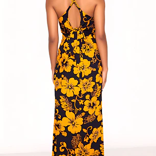 Vestido Marama azul con Hibisco amarillo napohe