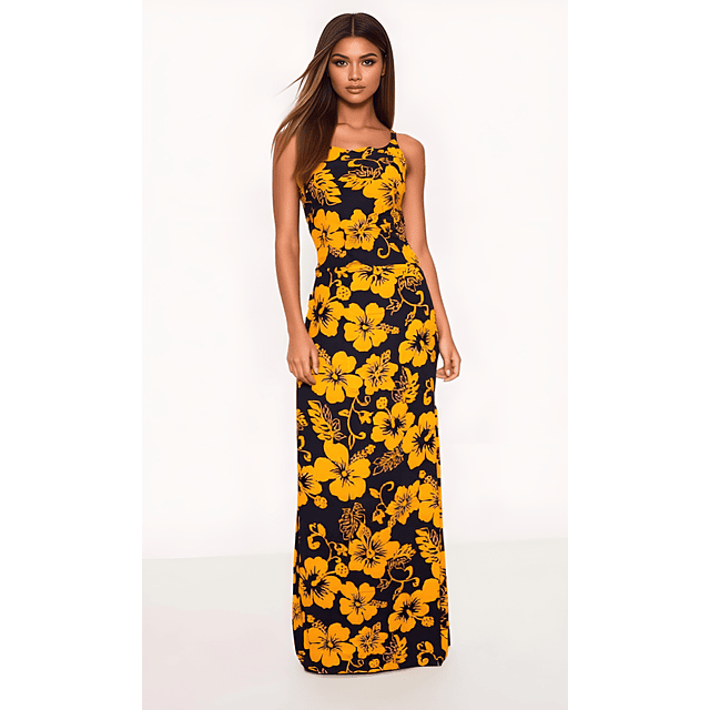 Vestido Marama azul con Hibisco amarillo napohe