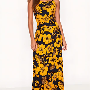 Vestido Marama azul con Hibisco amarillo napohe