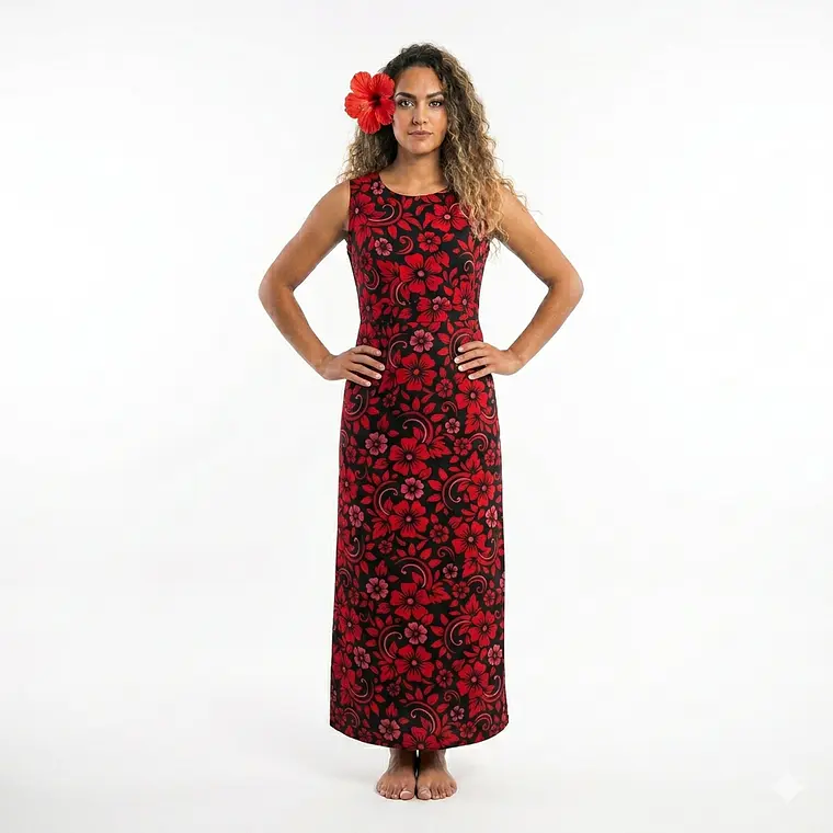 Vestido Marama Negro con Hibisco Rojo y Fucsia marca napohe 1