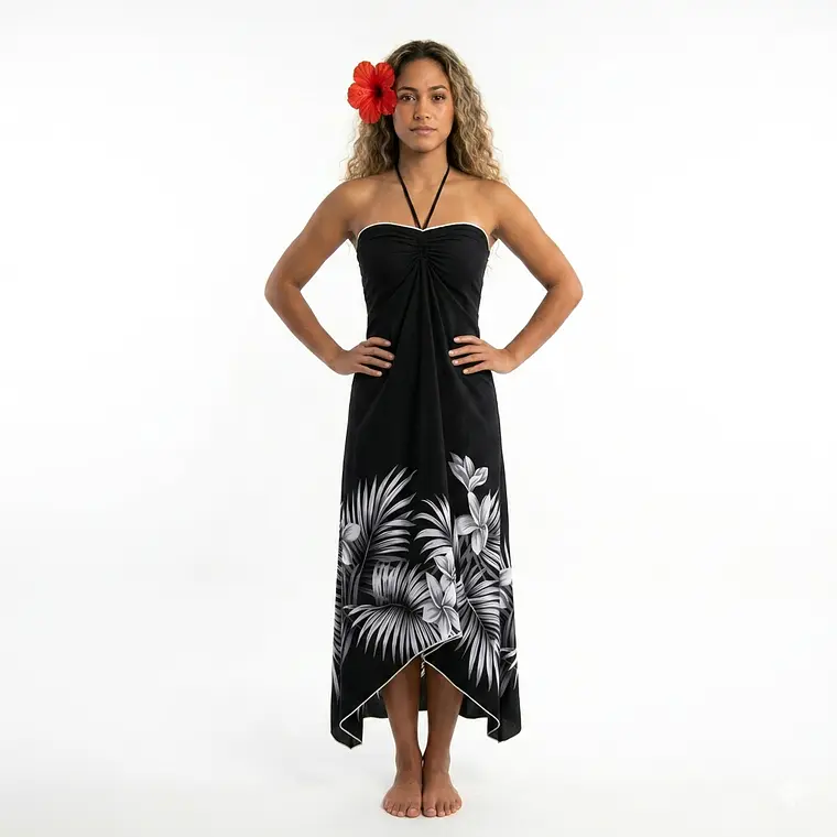 Vestido Mariposa negro con Tipanie Blanco con gris Polinesico importado desde Hawaii 1