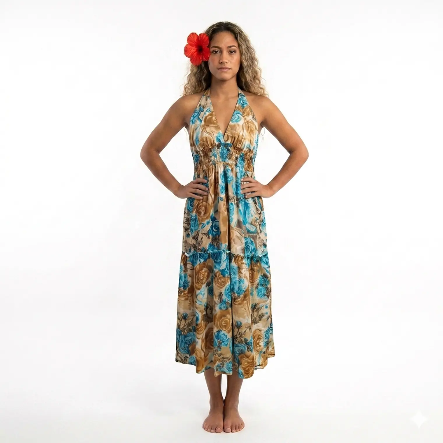 Vestido Algodon Turquesa con flores cafe talla L 1