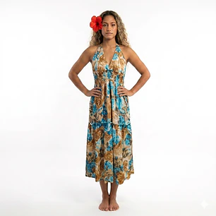 Vestido Algodon Turquesa con flores cafe talla L
