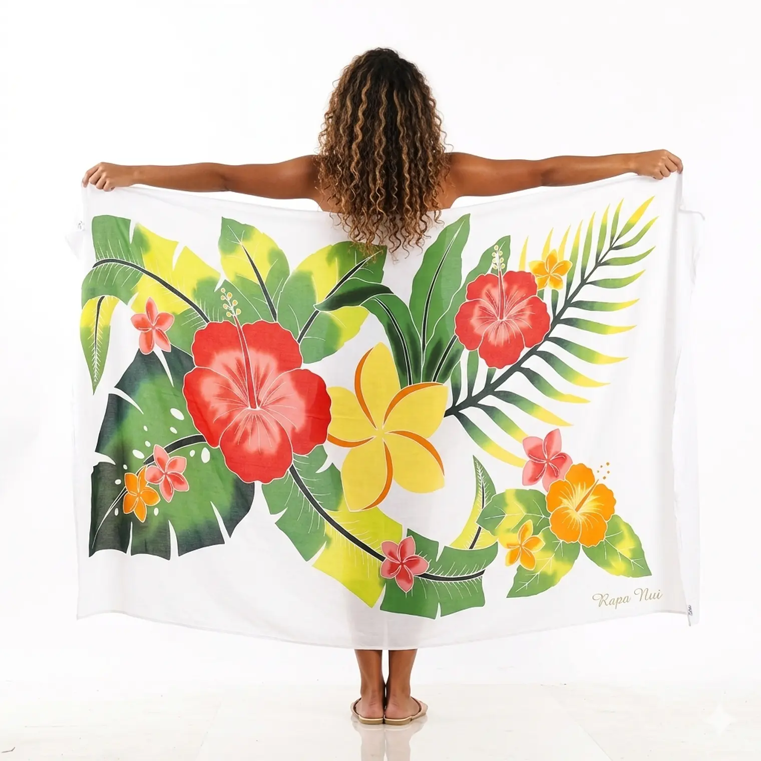 Pareo Blanco L con 1 tipanie y 2 hibiscos 1,70x1,15mts 1