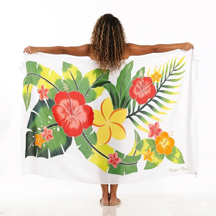 Pareo Blanco L con 1 tipanie y 2 hibiscos 1,70x1,15mts 1