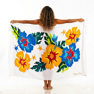 Pareo Blanco L con 5 hibiscos azul y naranjo 1,70x1,15mts