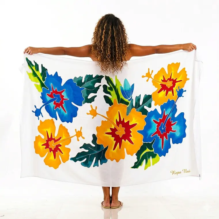 Pareo Blanco L con 5 hibiscos azul y naranjo 1,70x1,15mts 1