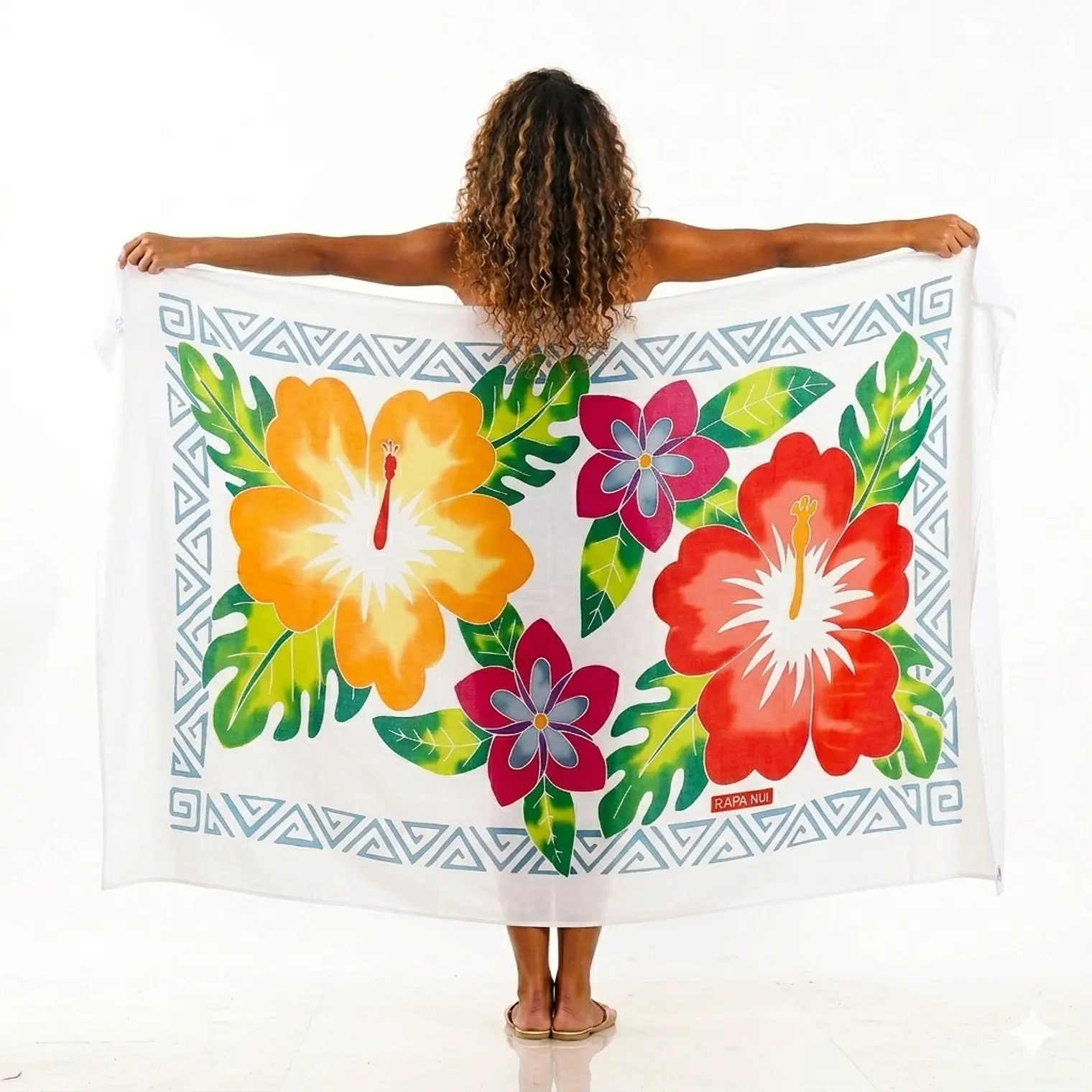 Pareo Blanco L con 2 hibiscos y borde gris 1,70x1,15mts 2