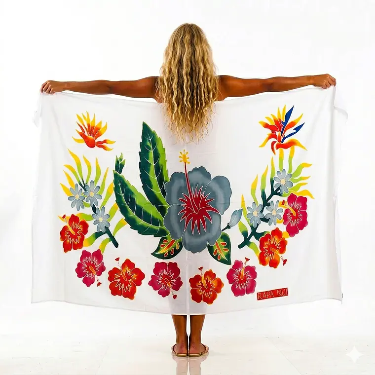 Pareo Blanco L con 1 hibisco gris 1,70x1,15mts 1