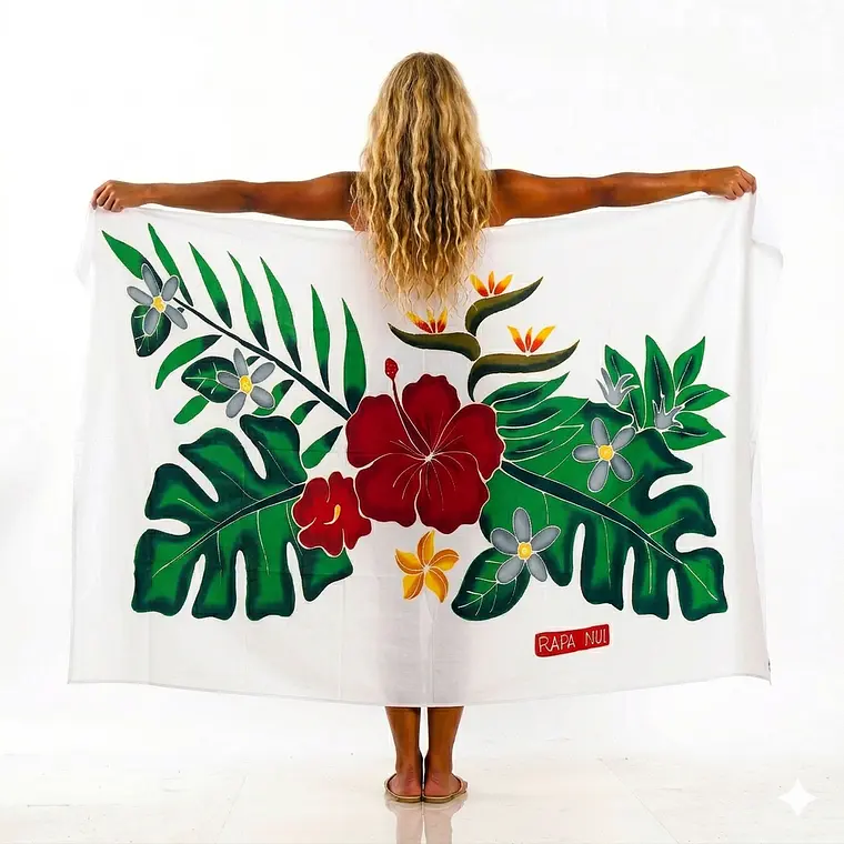 Pareo Blanco L con 1 hibisco rojo 1,70x1,15mts 1