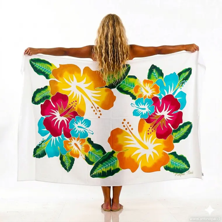 Pareo Blanco L con 2 hibisco cafe 1,70x1,15mts 1