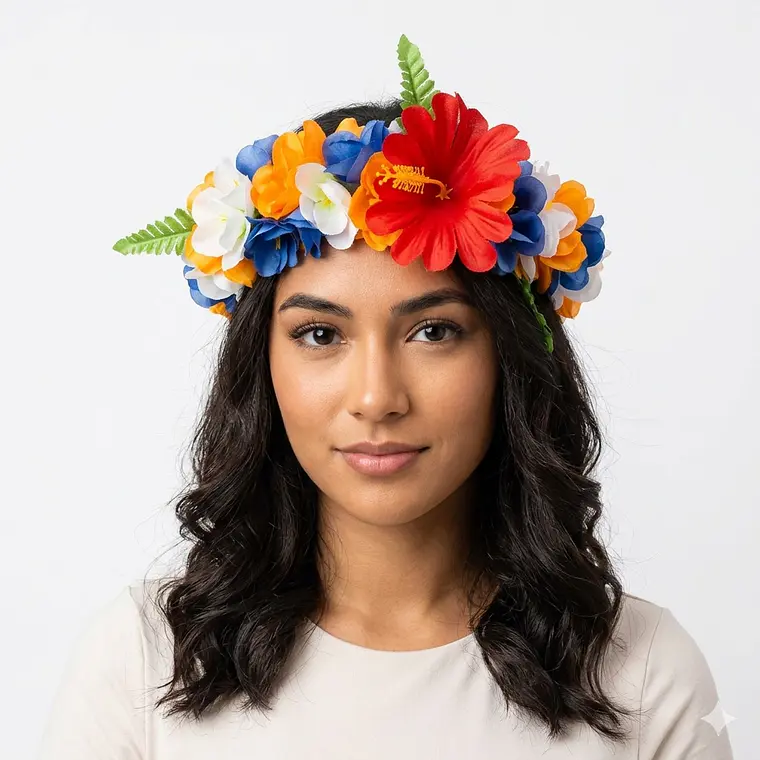 Corona De Flores azul, beige y naranjo ajustable 1