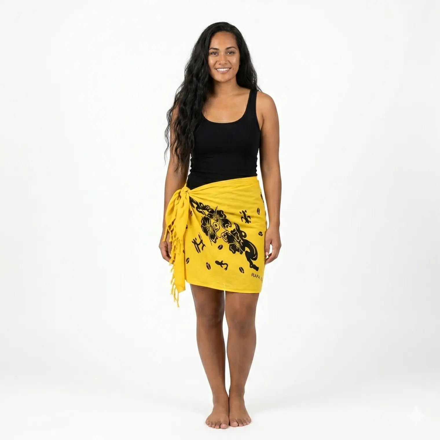 Pareo Corto Napohe flores pajaro amarillo negro 1
