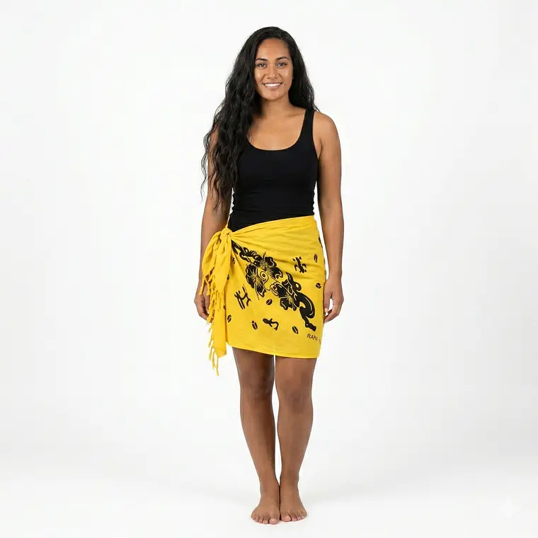 Pareo Corto Napohe flores pajaro amarillo negro 1