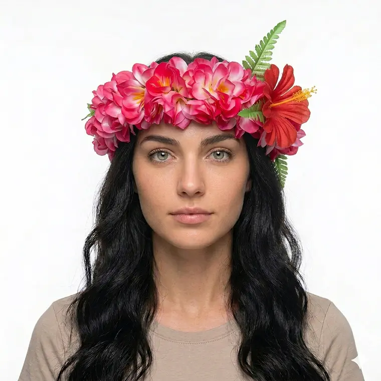 Corona De Flores elasticada Tipanie Fucsia / Rosa e Hibisco  1