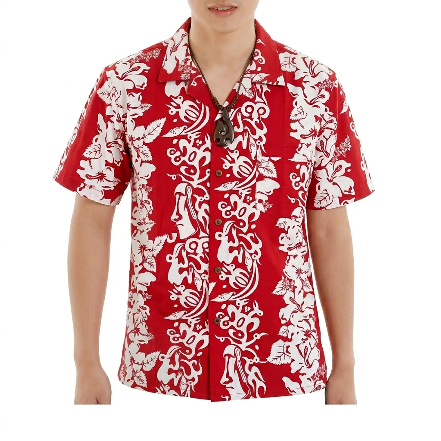 Camisa Polinesica Napohe Rojo Con franja Moai 1