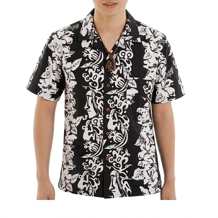 Camisa Polinesica Napohe negra Con Tangata Manu Y Moai blanco 4