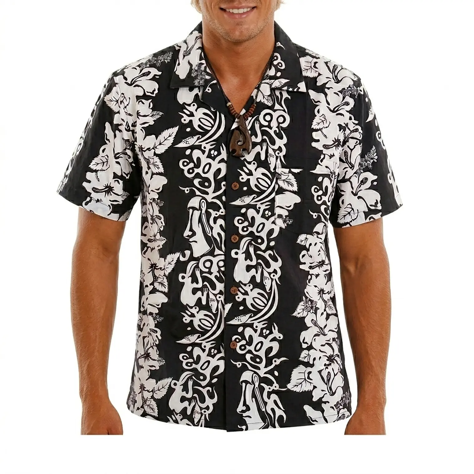 Camisa Polinesica Napohe negra Con Tangata Manu Y Moai blanco 2