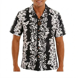 Camisa Polinesica Napohe negra Con Tangata Manu Y Moai blanco