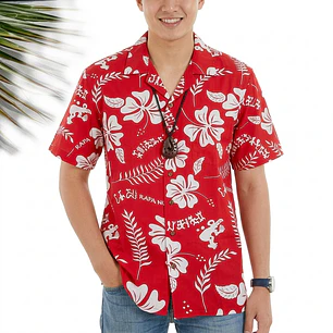 Camisa Polinesica Roja Con Hibiscos Y Tangata Manu Blanco