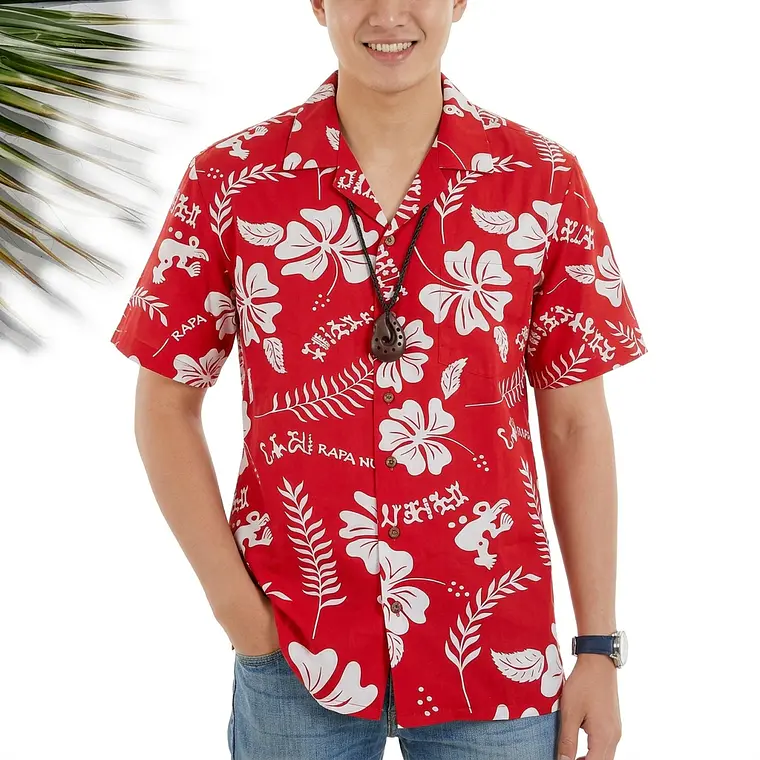 Camisa Polinesica Roja Con Hibiscos Y Tangata Manu Blanco 2