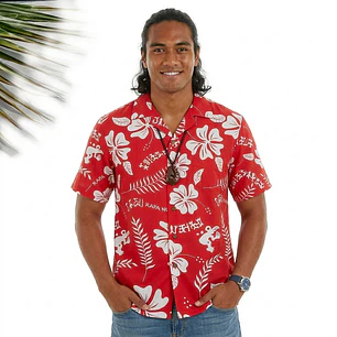 Camisa Polinesica Roja Con Hibiscos Y Tangata Manu Blanco