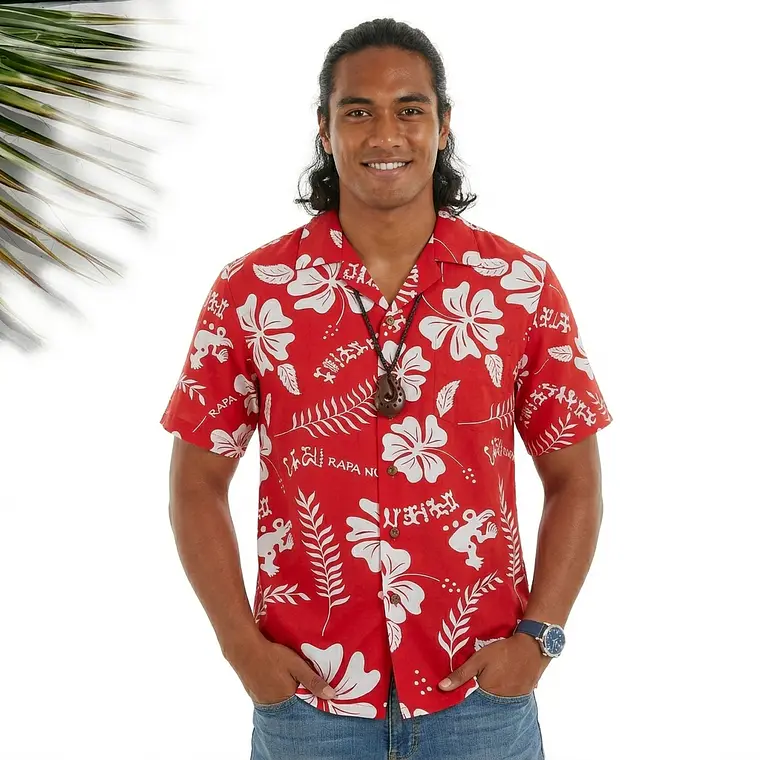 Camisa Polinesica Roja Con Hibiscos Y Tangata Manu Blanco 1