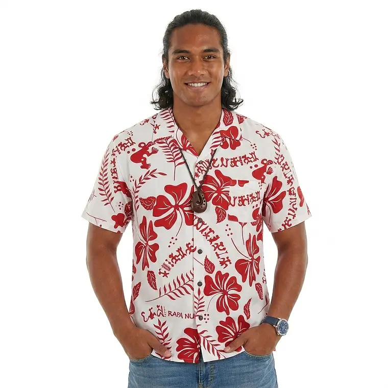 Camisa Polinesica Blanca Con Hibiscos Y Tangata Manu Rojo 1