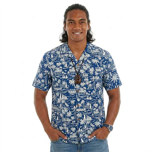 Camisa Polinesica diseño Anakena azul rey con blanco