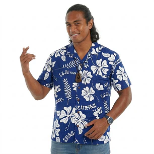 Camisa Polinesica Azul Rongo rongo Hibiscos blanco