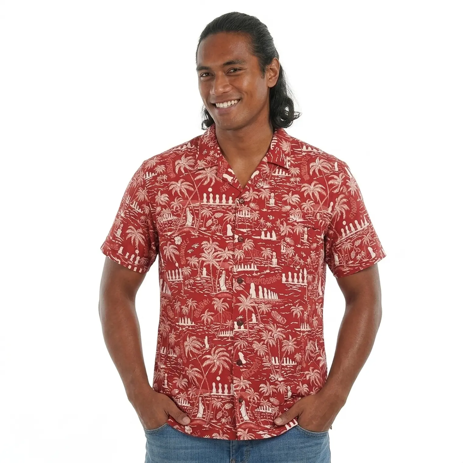 Camisa Polinesica diseño Anakena Rojo blanco 1
