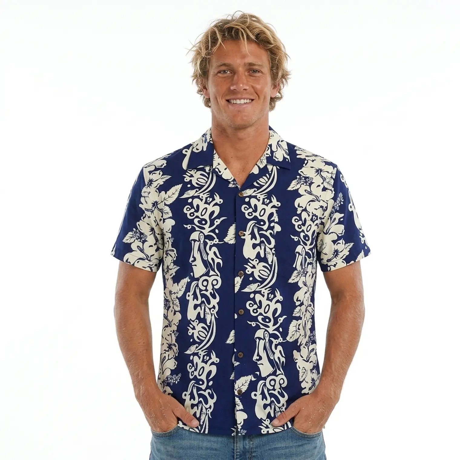 Camisa Polinesica Azul franja Moai 3
