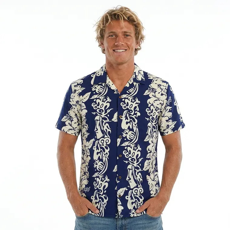 Camisa Polinesica Azul franja Moai 3