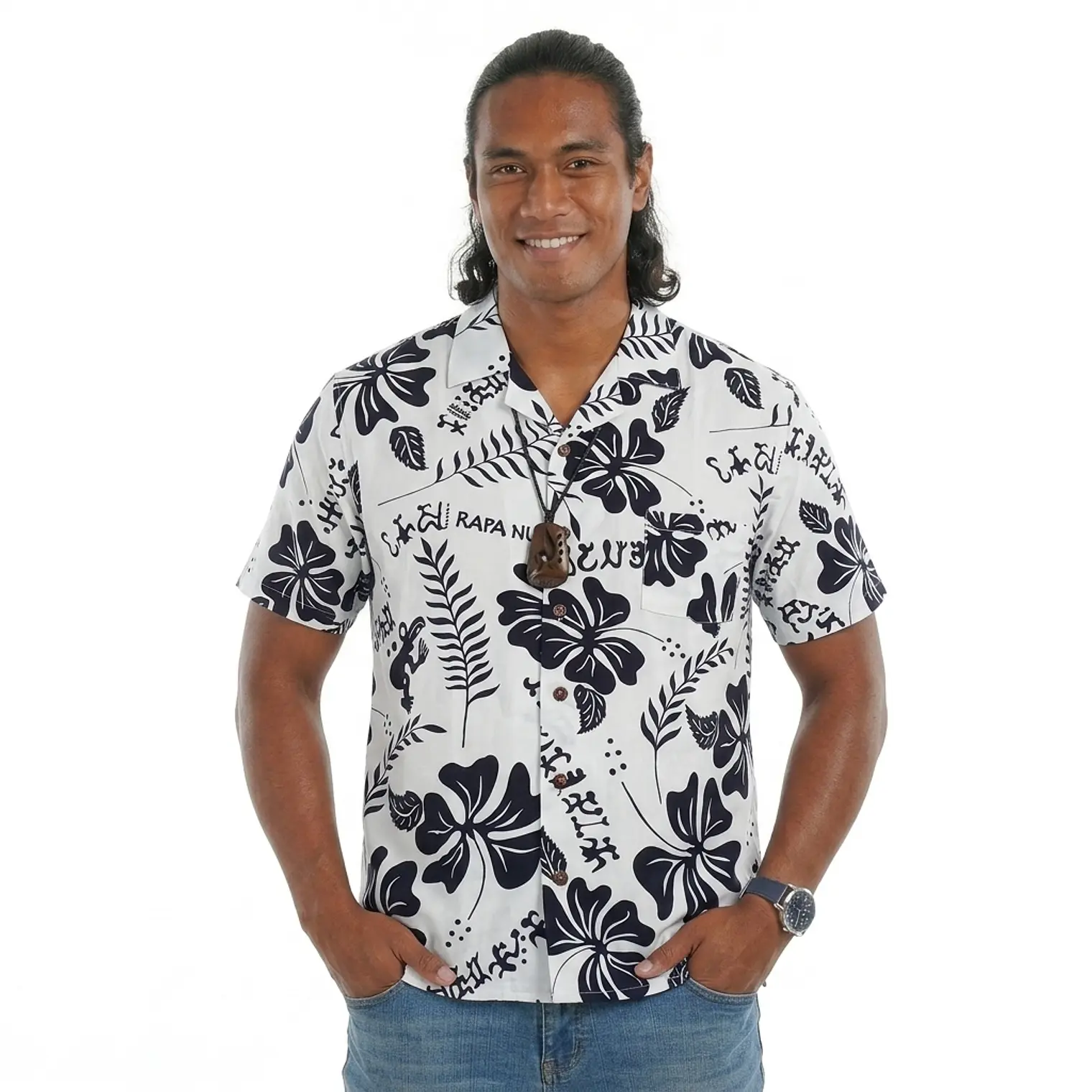 Camisa Polinesica Blanca Con Hibisco y Rongo Rongo negro 1