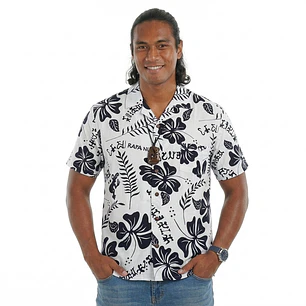 Camisa Polinesica Blanca Con Hibisco y Rongo Rongo negro