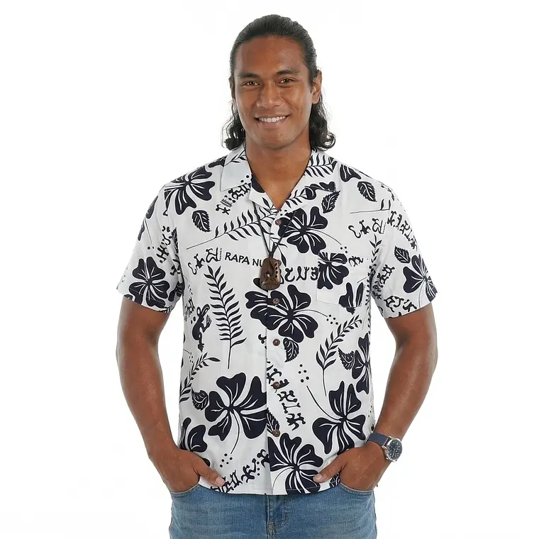 Camisa Polinesica Blanca Con Hibisco y Rongo Rongo negro 1