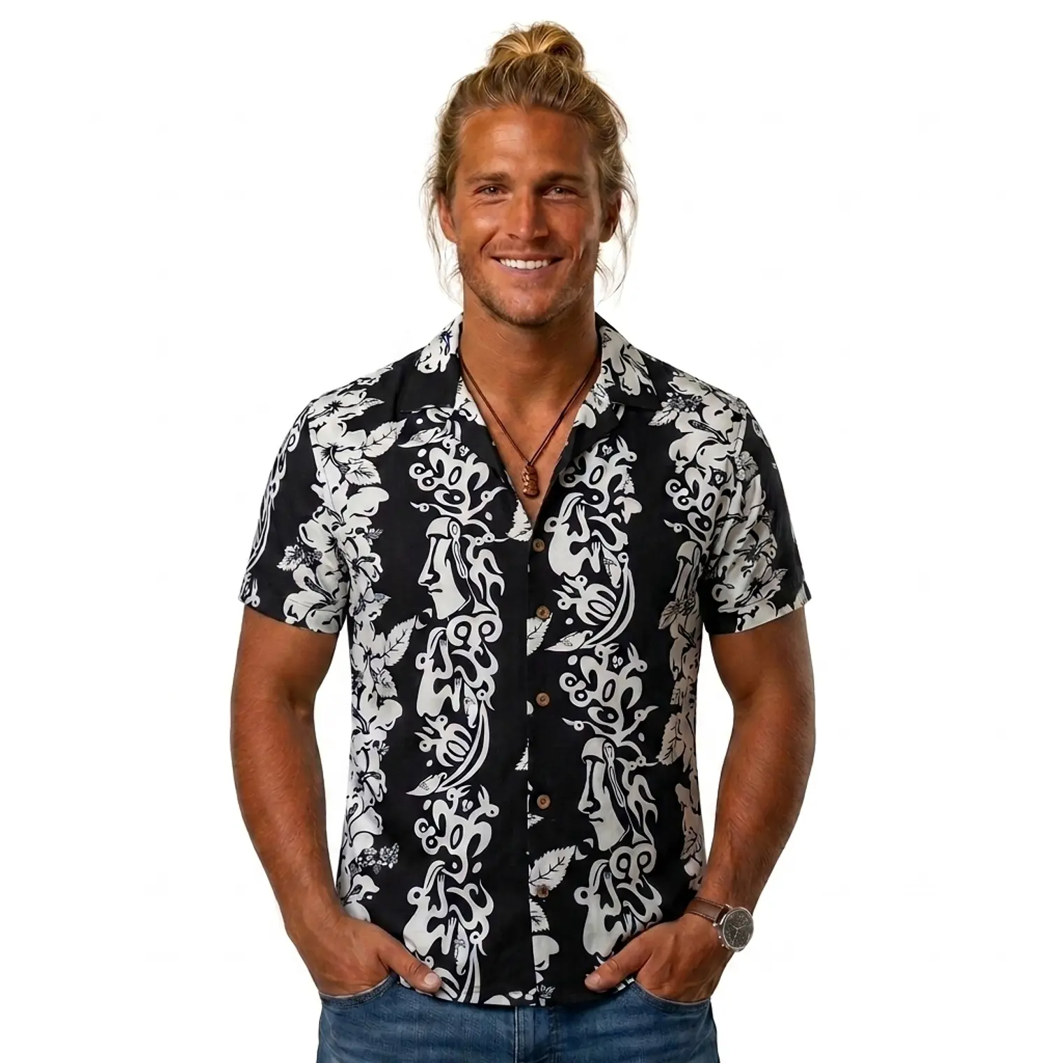 Camisa Polinesica Napohe negra Con Tangata Manu Y Moai blanco 1