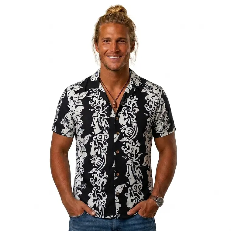 Camisa Polinesica Napohe negra Con Tangata Manu Y Moai blanco 1