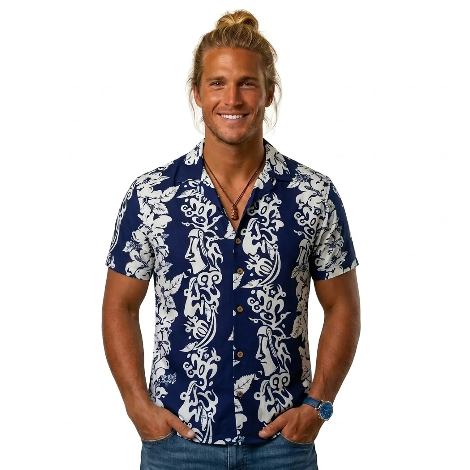 Camisa Polinesica Azul franja Moai 1