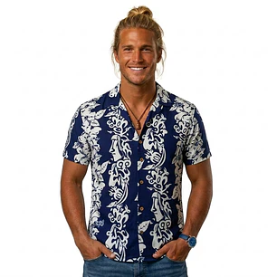 Camisa Polinesica Azul franja Moai