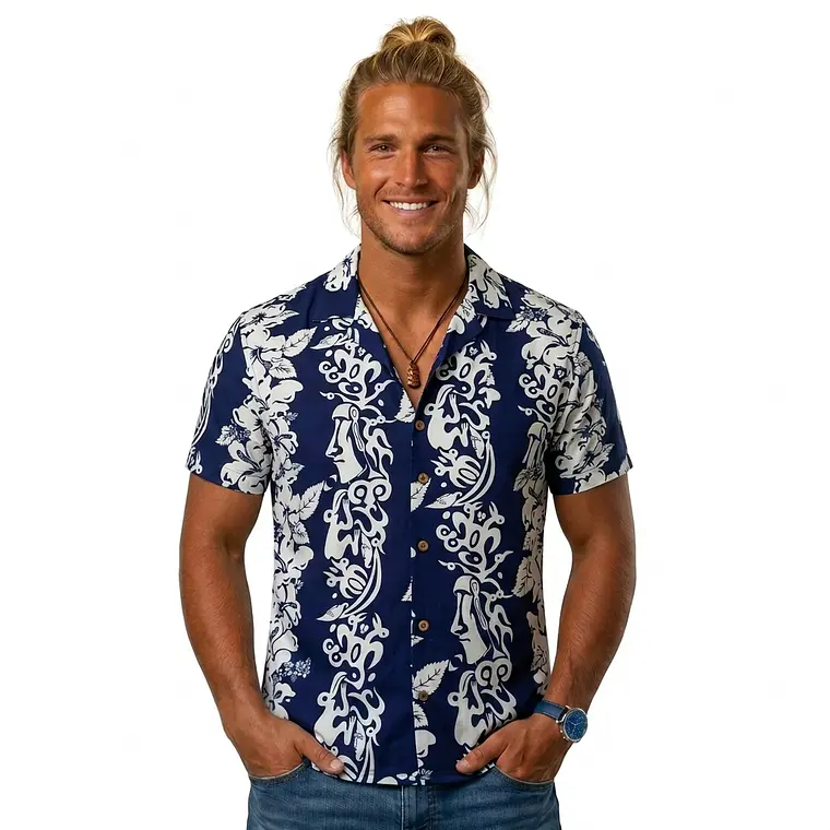 Camisa Polinesica Azul franja Moai 1