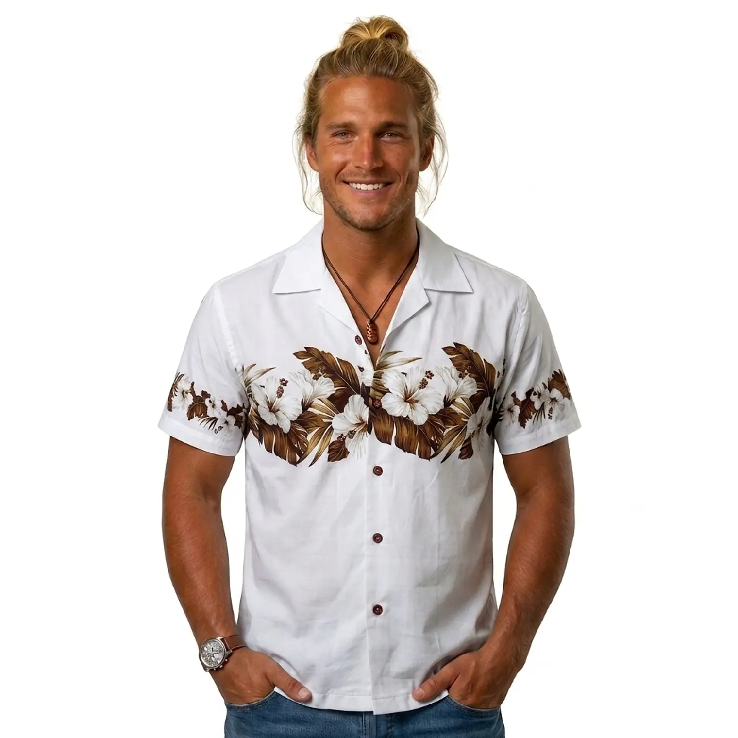Camisa Hawaii Blanca Con Hibisco Y Hojas  1