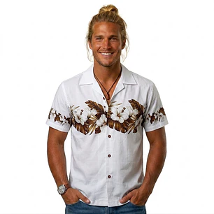 Camisa Hawaii Blanca Con Hibisco Y Hojas 